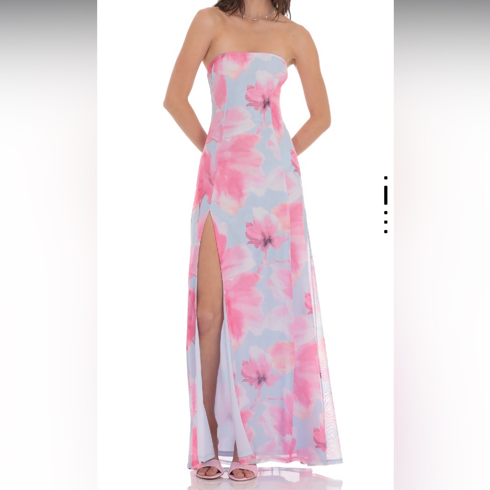 Lucy in the Sky floral mesh strapless dress in light blue